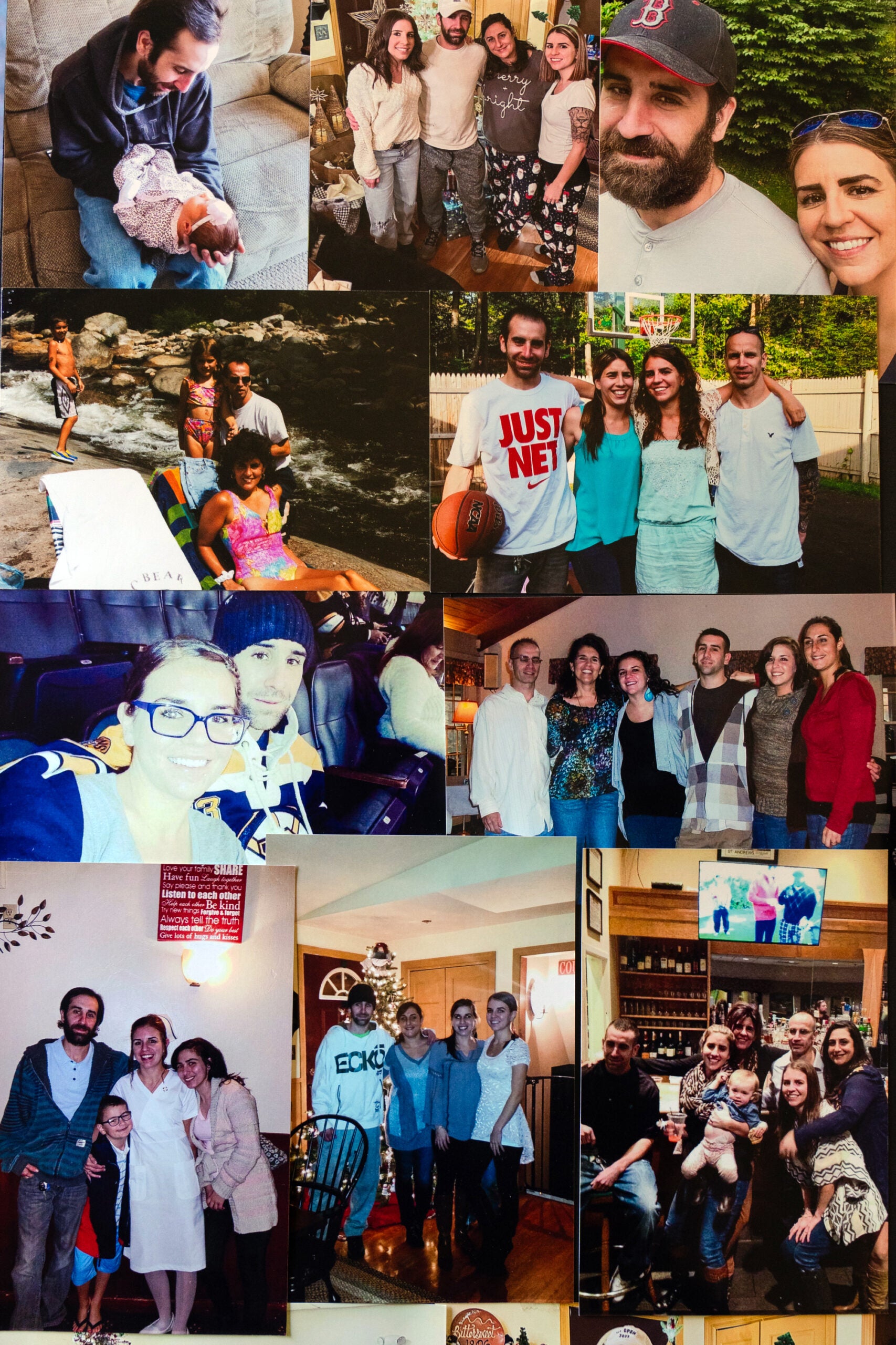 A collage of family photos of TJ Kimball over the years is displayed at the home of his mother, Angela Kimball, in Plymouth, Mass.