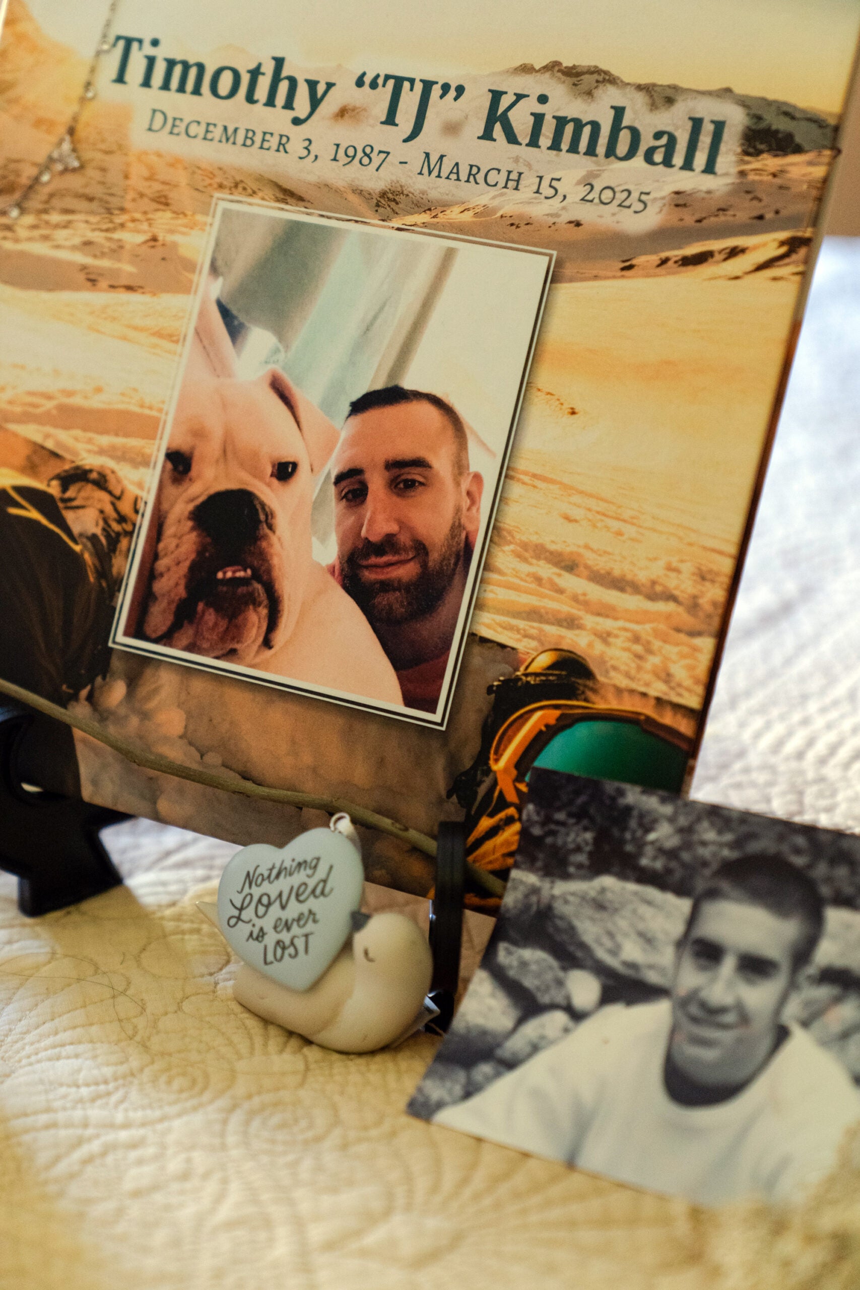 Photographs of TJ Kimball are displayed at the home of his mother, Angela Kimball, in Plymouth, Mass.