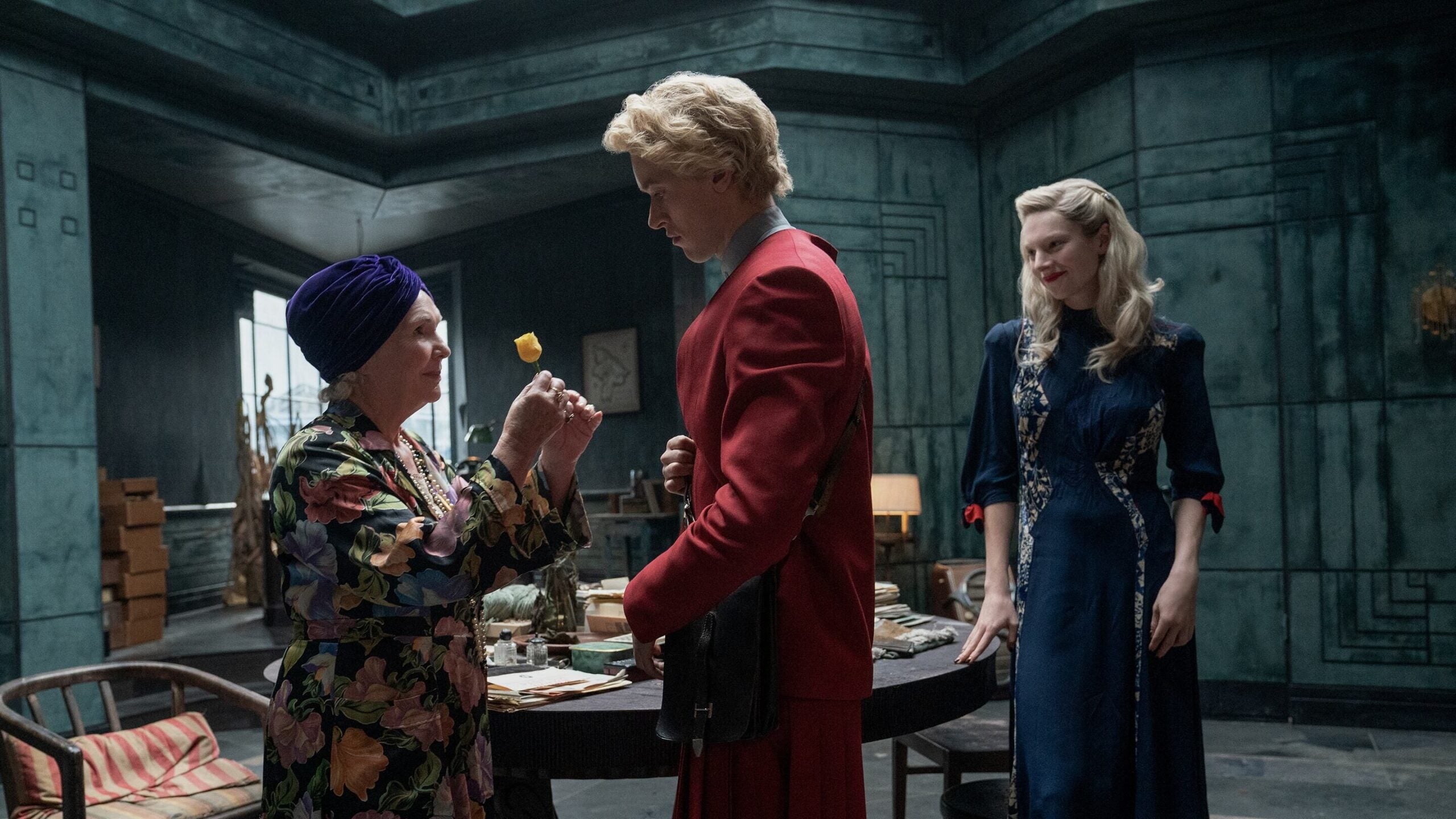 Fionnula Flanagan as Grandma'am, Tom Blyth as Coriolanus Snow and Hunter Schafer as Tigris Snow in The Hunger Games: The Ballad of Songbirds and Snakes.