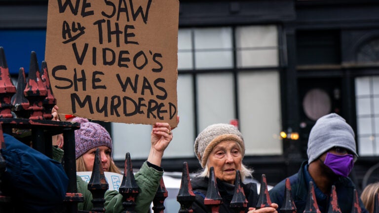 Protesters gathered Saturday in downtown Boston to demonstrate against recent shootings involving federal immigration agents.