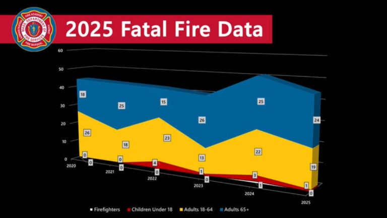 This graph depicts last year's overall decline in fire deaths statewide after a spike in 2024.