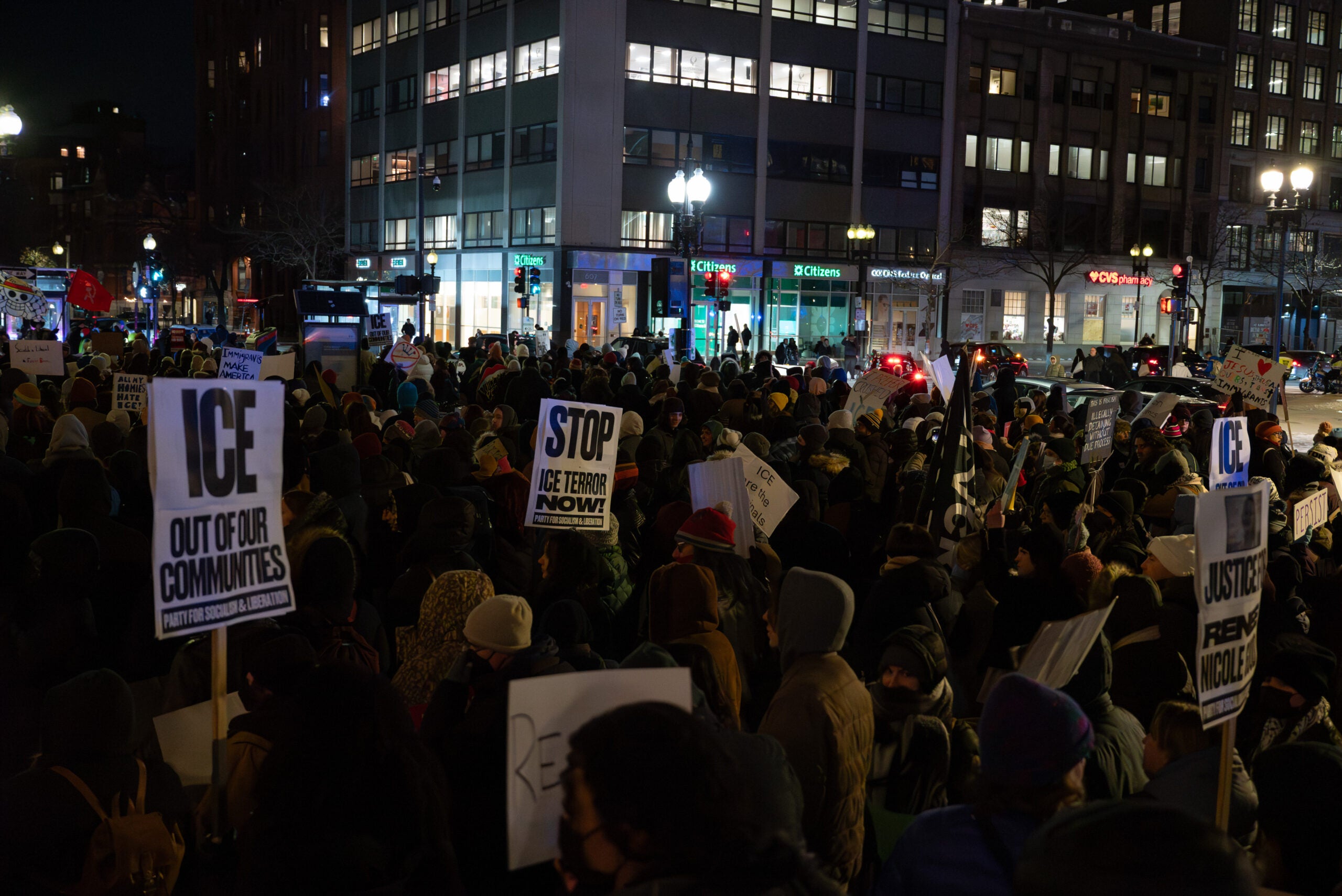 Hundreds of demonstrators in Copley Square prepare to march to Boston Common.