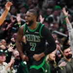 Boston Celtics guard Jaylen Brown (7) howls as he he reacts to his three pointer during the 3rd quarter. The Boston Celtics hosted the San Antonio Spurs Saturday, January 10, 2025 at TD Garden in Boston, MA.