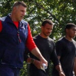 New England Patriots head coach Mike Vrabel and Boston Celtics head coach Joe Mazzulla during today’s Patriots training camp practice in Foxborough, MA. ,