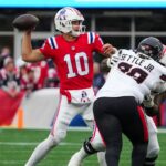 New England Patriots quarterback Drake Maye (10) during the fourth quarter. The New England Patriots host the Houston Texans October 13, 2024 in Foxborough, MA