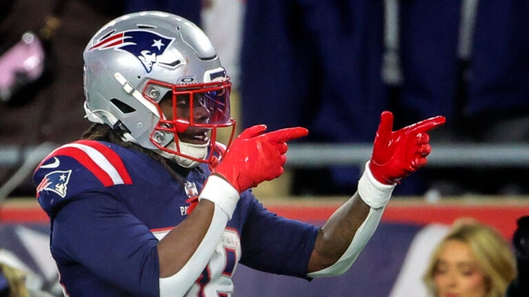 New England Patriots running back Rhamondre Stevenson #38 reacts after a 20 yard rushing gain against the Miami Dolphins during third quarter NFL action at Gillette Stadium on January 4, 2025.