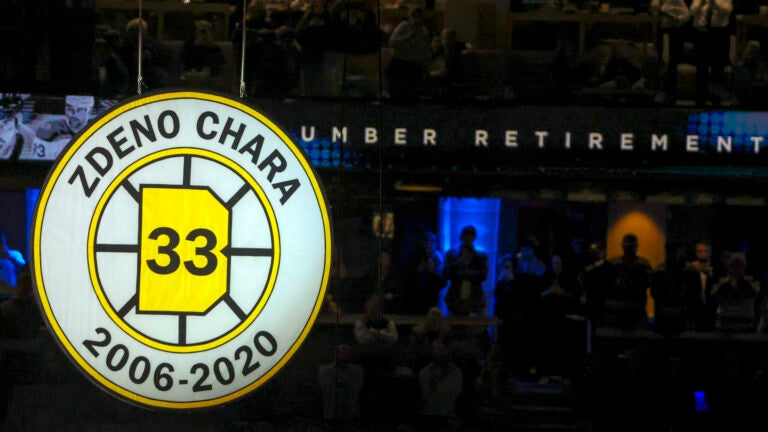 Former Boston Bruins Zdeno Chara’s banner of the #33 jersey (retired number and jersey) into the rafters at TD Garden on January 15, 2026.