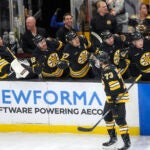 Boston MA 1/22/26 Boston Bruins defenseman Charlie McAvoy (73) celebrates his goal with his teammates on the bench against the Las Vegas Golden Knights during first period NHL action at TD Garden on January 22, 2026.