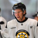 Bruins rookie Dans Locmelis skates as the Bruins rookies held training camp at the Warrior Ice Arena.