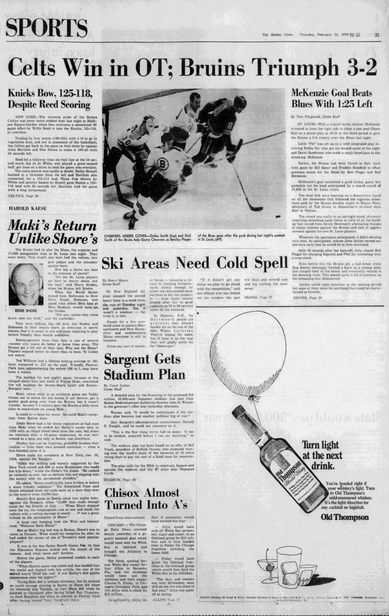 1970 Boston Globe sports page Feb. 12