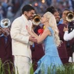 Lady Gaga performs with Bad Bunny during the Super Bowl LX halftime show at Levi's Stadium in Santa Clara, Calif., on Sunday, Feb. 8, 2026.