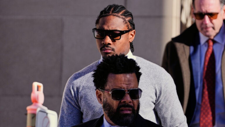 New England Patriots wide receiver Stefon Diggs leaves Norfolk County District Court after his arraignment .