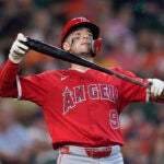 Los Angeles Angels' Zach Neto reacts after hitting a line out to Houston Astros shortstop Jeremy Peña during the eighth inning of a baseball game Monday, Sept. 1, 2025, in Houston.