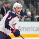Columbus Blue Jackets center Charlie Coyle skates against the Dallas Stars during the second period of an NHL hockey game between the Dallas Stars and the Columbus Blue Jackets Tuesday, Oct. 21, 2025, in Dallas.