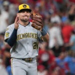 Milwaukee Brewers third baseman Caleb Durbin celebrates a victory over the St. Louis Cardinals following a baseball game Saturday, Sept. 20, 2025, in St. Louis.