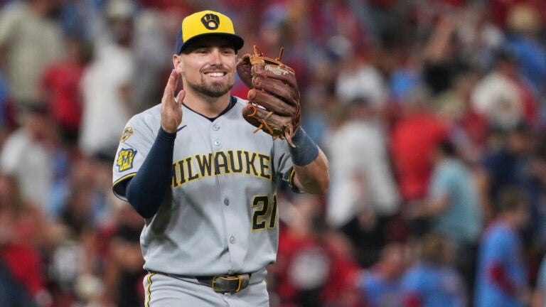 Milwaukee Brewers third baseman Caleb Durbin celebrates a victory over the St. Louis Cardinals following a baseball game Saturday, Sept. 20, 2025, in St. Louis.