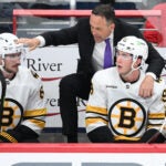 Boston Bruins head coach Marco Sturm in action during the third period of an NHL hockey game against the Washington Capitals, Wednesday, Oct. 8, 2025, in Washington.