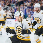 Boston Bruins' Viktor Arvidsson (71) celebrates his goal against the Toronto Maple Leafs during the first period of an NHL hockey game in Toronto on Saturday, Nov. 8, 2025.