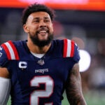 New England Patriots linebacker Harold Landry III (2) prior to an NFL wild-card playoff football game, Sunday, Jan. 11, 2026, in Foxborough, Mass.