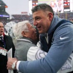 New England Patriots head coach Mike Vrabel hugs Patriots owner Robert Kraft at the end of the game. The New England Patriots played the Denver Broncos in the AFC Championship football game at Empower Field at Mile High on Sunday, January 25, 2026.