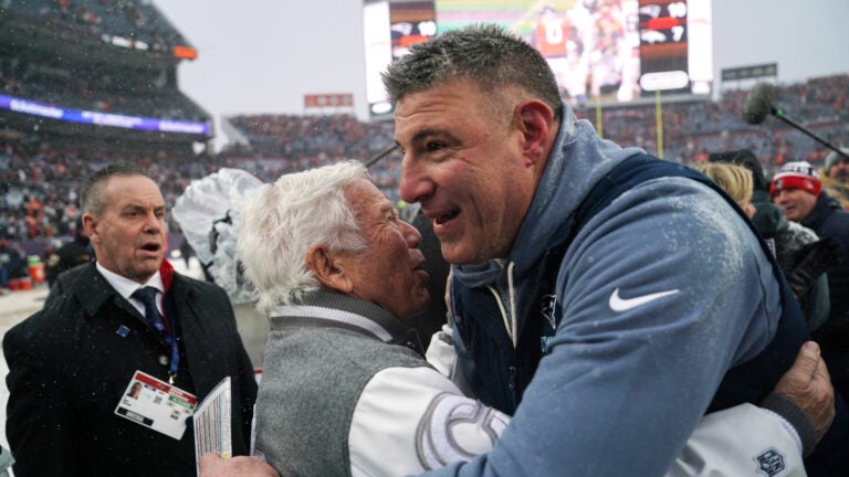 New England Patriots head coach Mike Vrabel hugs Patriots owner Robert Kraft at the end of the game. The New England Patriots played the Denver Broncos in the AFC Championship football game at Empower Field at Mile High on Sunday, January 25, 2026.
