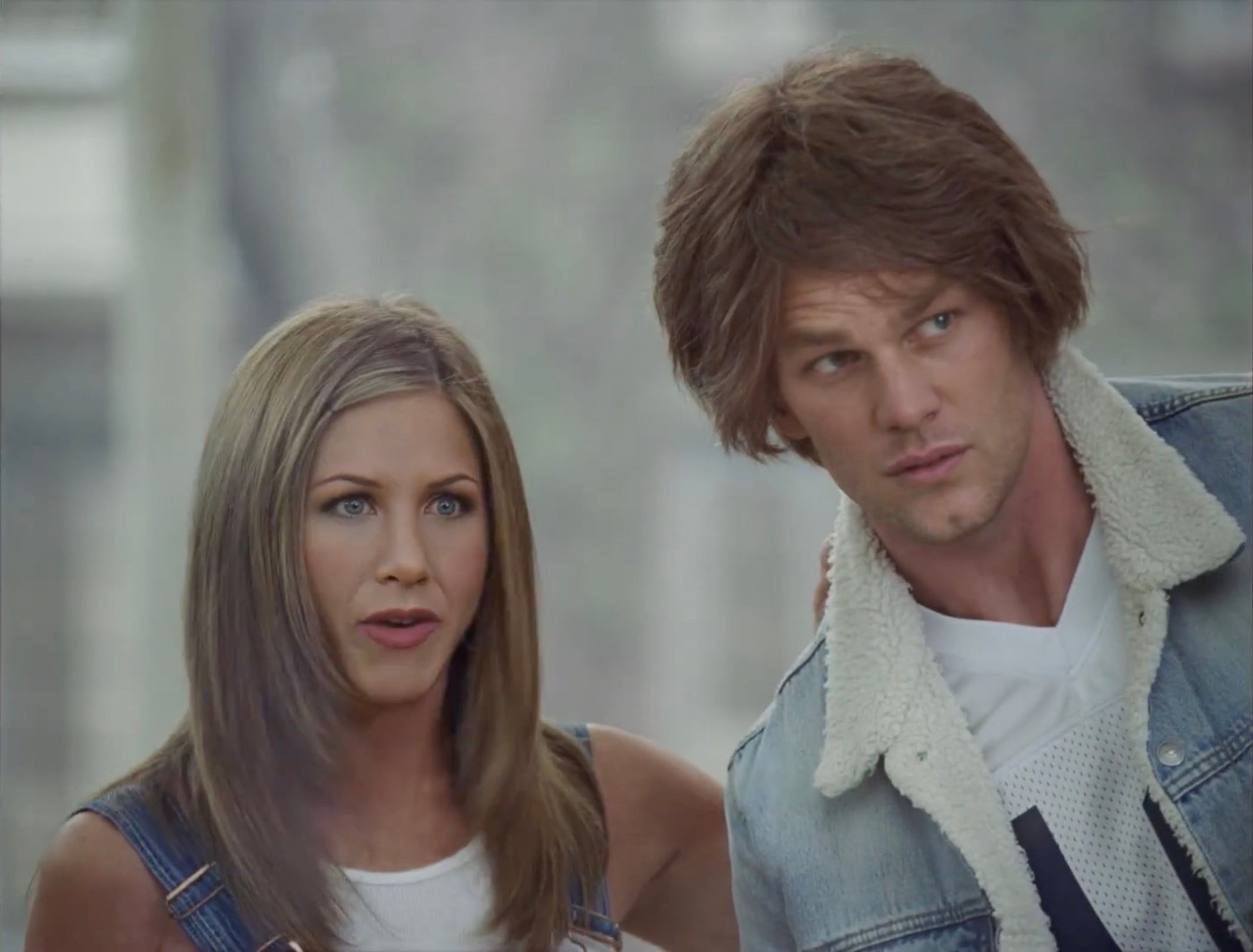 Jennifer Aniston and Tom Brady in Dunkin's 2026 Super Bowl commercial.