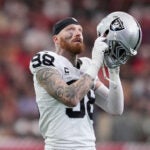 Las Vegas Raiders defensive end Maxx Crosby (98) during an NFL football game against the Houston Texans, Sunday, Dec. 21, 2025, in Houston.