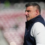 New England Patriots head coach Mike Vrabel walks on the field before the NFL Super Bowl 60 football game against the Seattle Seahawks, Sunday, Feb. 8, 2026, in Santa Clara, Calif.