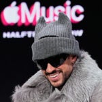 Apple Music Super Bowl LX Halftime Show performer Bad Bunny smiles during a news conference, Thursday, Feb. 5, 2026, in San Francisco ahead of the NFL Super Bowl 60 football game between the Seattle Seahawks and the New England Patriots.