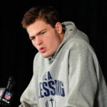 New England Patriots quarterback Drake Maye talks to the media during a news conference Thursday, Feb. 5, 2026, in Santa Clara, Calif., ahead of the Super Bowl 60 NFL football game between the New England Patriots and the Seattle Seahawks.