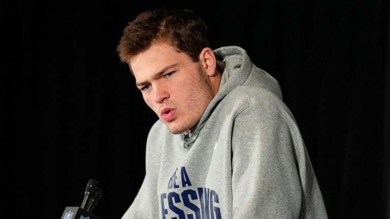 New England Patriots quarterback Drake Maye talks to the media during a news conference Thursday, Feb. 5, 2026, in Santa Clara, Calif., ahead of the Super Bowl 60 NFL football game between the New England Patriots and the Seattle Seahawks.