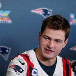New England Patriots quarterback Drake Maye talks to the media during a news conference Wednesday, Feb. 4, 2026, in Santa Clara, Calif., ahead of the Super Bowl 60 NFL football game between the Seattle Seahawks and the New England Patriots.