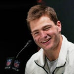 New England Patriots quarterback Drake Maye speaks during the NFL Super Bowl Opening Night, Monday, Feb. 2, 2026, in San Jose, Calif., ahead of the Super Bowl 60 football game between the Seattle Seahawks and the New England Patriots.