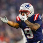 New England Patriots wide receiver Kayshon Boutte (9) reacts during the first half of an NFL divisional playoff football game against the Houston Texans, Sunday, Jan. 18, 2026, in Foxborough, Mass.