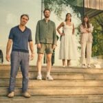 Michael Angelo Covino, Kyle Marvin, Adria Arjona, and Dakota Johnson in a scene from "Splitsville."