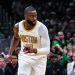 Celtics guard Jaylen Brown (7) heads up court after his shot gave Boston a 23-22 lead during the 1st quarter. The Boston Celtics hosted the Denver Nuggets Wednesday January 7, 2025 at TD Garden in Boston, MA.
