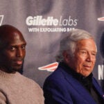 Foxborough, MA - 3/21/2023 - 22PATRIOTS - Devin McCourty and Robert Kraft at today’s retirement presser at Patriots Hall of Fame.
