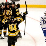 Boston Bruins right wing David Pastrnak (88) and teammates celebrate his goal that gave Boston a 5-3 lead during the 3rd period. The Boston Bruins hosted the Toronto Maple Leafs Tuesday, November 11, 2025 at TD Garden in Boston, MA.