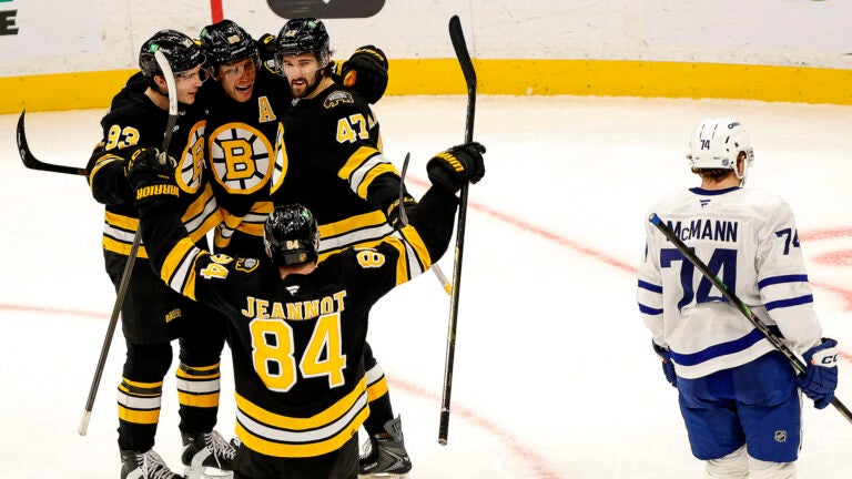 Boston Bruins right wing David Pastrnak (88) and teammates celebrate his goal that gave Boston a 5-3 lead during the 3rd period. The Boston Bruins hosted the Toronto Maple Leafs Tuesday, November 11, 2025 at TD Garden in Boston, MA.
