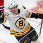 Boston Bruins Fraser Minten #93 reacts after scoring the game tying goal against the Montreal Canadians during third period NHL action at TD Garden on January 24, 2026.