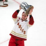 James Hagens #10 holding the Beanpot trophy after their 6-2 win over Boston University winning the Beanpot at TD Garden on February 9, 2026.