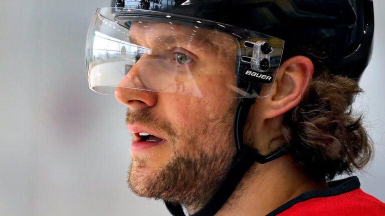 The Boston Bruins held practice at the Warrior Ice Arena on Wednesday. Pavel Zacha looks out during a drill.