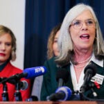House Minority Whip Katherine Clark speaks at an event hosted by the Democratic Women's Caucus with Epstein survivors Tuesday ahead of the State of the Union address.