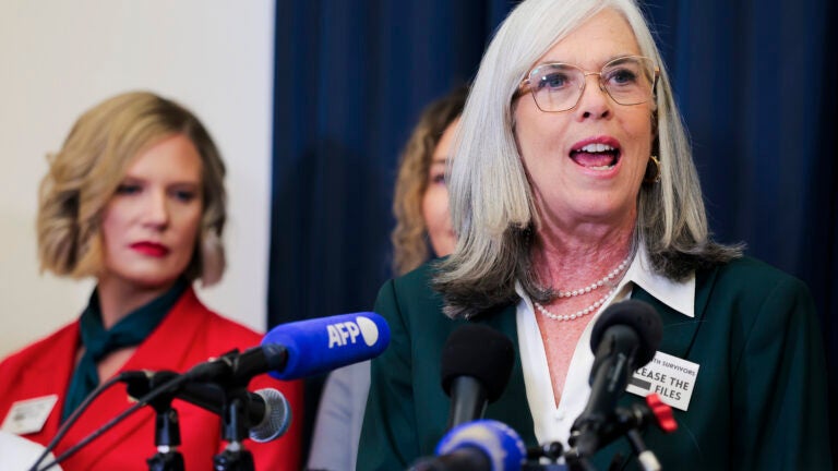 House Minority Whip Katherine Clark speaks at an event hosted by the Democratic Women's Caucus with Epstein survivors Tuesday ahead of the State of the Union address.