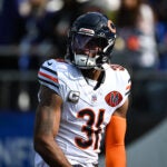 Chicago Bears safety Kevin Byard III (31) looks on during pre-game warm-ups before an NFL football game against the Baltimore Ravens, Sunday, Oct. 26, 2025, in Baltimore.