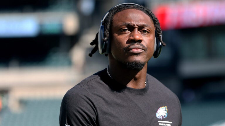 Philadelphia Eagles wide receiver A.J. Brown (11) looks on before an NFL football game against the Denver Broncos, Sunday, Oct. 5, 2025, in Philadelphia.
