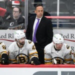 Boston Bruins head coach Marco Sturm looks on during the third period of an NHL hockey game against the Washington Capitals, Wednesday, Oct. 8, 2025, in Washington.