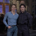 SNL recap: Host Connor Storrie (left) and "Heated Rivalry" costar Hudson Williams introduce musical guest Mumford & Sons on the Feb. 28, 2026 episode of "Saturday Night Live."