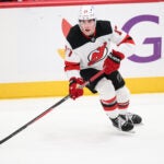 New Jersey Devils defenseman Simon Nemec (17) in action during the overtime of an NHL hockey game against the Washington Capitals, Saturday, Nov. 15, 2025, in Washington.