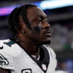 Philadelphia Eagles wide receiver A.J. Brown (11) reacts walking off the field after an NFL football game against the New York Giants, Thursday, Oct. 9, 2025, in East Rutherford, N.J.